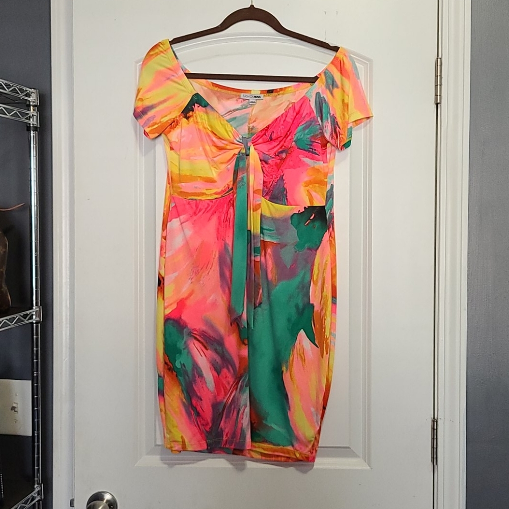 Multi-colored Off the Shoulder Dress (Size 1XL)
